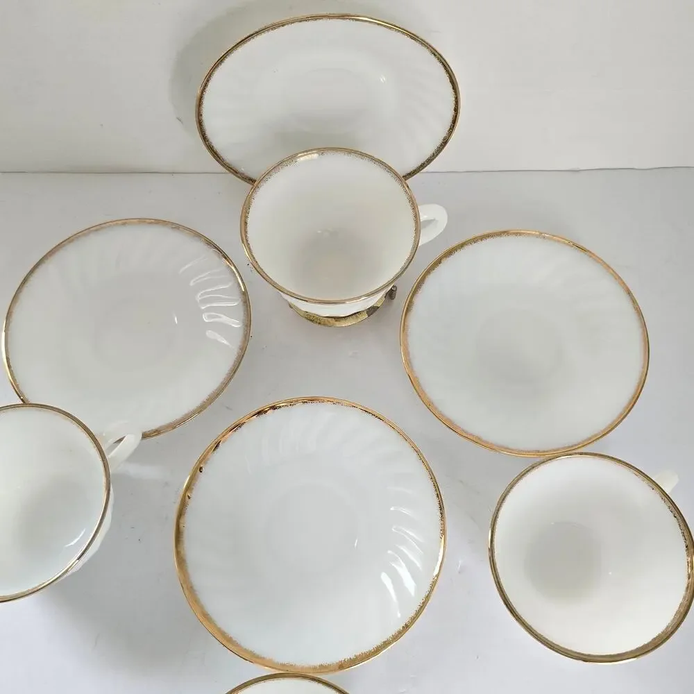 Vintage Fire King Cups Saucers GOLDEN ANNIVERSARY Swirl Gold Rim Set of 4 1950s